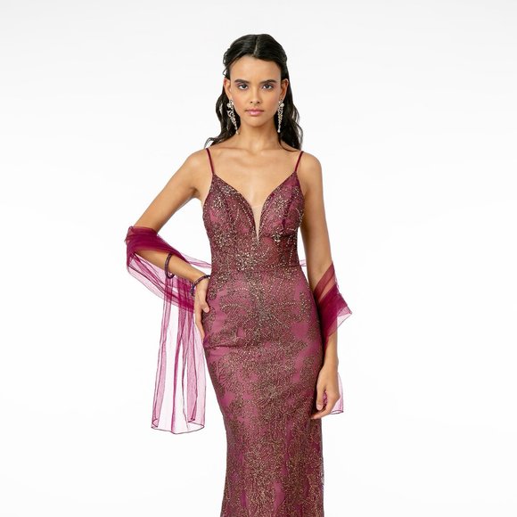 NEW LONG SLEEVELESS OFF THE SHOULDER SATIN DRESS EMBROIDERED WITH GLITTER GL2989 - Picture 3 of 12